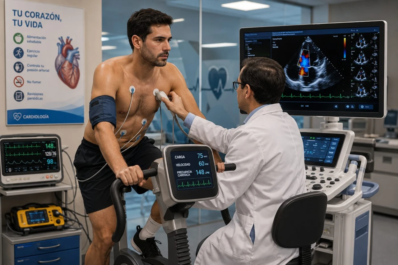 Ecocardiograma con Cicloergómetro — paciente pedaleando en bicicleta estática médica con electrodos, cardiólogo aplicando transductor ecográfico y pantalla mostrando imágenes del corazón en tiempo real, Medimanage Research CDMX